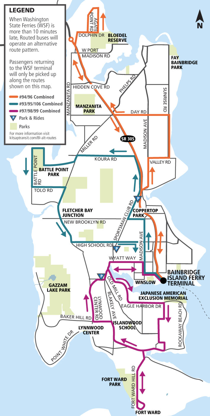 BI Ride Alternative Weekday PM bus service when WSF is more than 10 minutes late. 