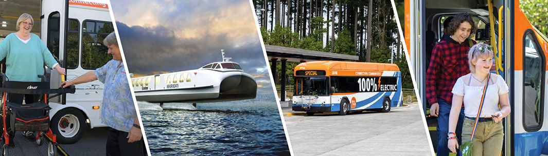 Images: Women on ACCESS bus lift, electric ferry concept, electric bus and teens walking off bus.