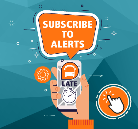 Subscribe to alerts graphic illustration with a person holding a phone and a speech bubble above that says sign up to alerts. 