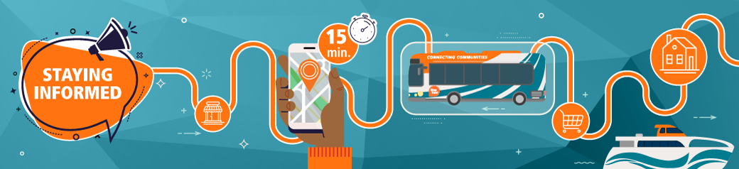 banner graphic with illustrations showing - Kitsap Transit now offering custom Rider Alert settings tailored to their needs and tracking your service in real-time  