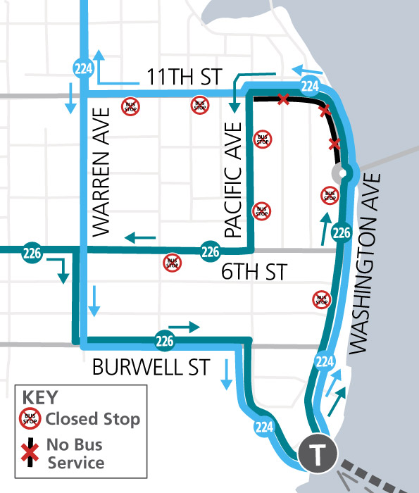 Route 224 & 266 Detour map - One-Lane Road closure on 11th. These routes will not return to BTC along Washington Avenue Dec. 16-20