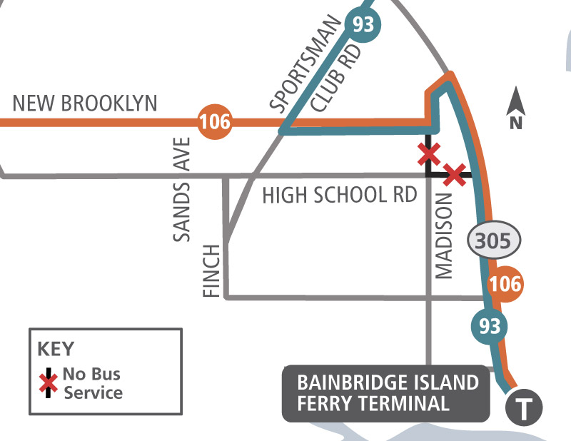 Routes 93 & 106 Detour Map. No service on high school Rd and Madison 