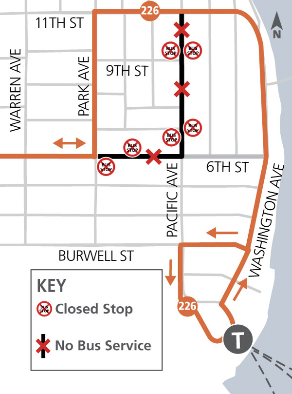 route 226 detour map - Pacific Ave. and 4th Street closed December 7, 2024 for event 