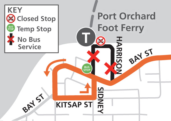 route 8 and sunday bus service detour map for July 28. No ferry dock access with bus