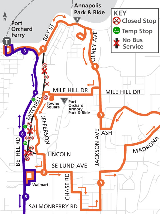 Detour Map for Routes 8 and 9 on Saturday Sept 21, 2024. Limited service on Mitchell