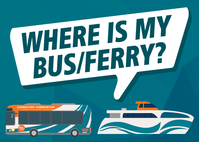 Where is my bus/ferry? Graphic with bus and ferry illustration Where is my bus/ferry? Graphic with bus and ferry illustration